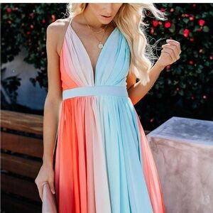 Backless crisscross maxi aqua blue coral orange pink chiffon ombré rainbow dress